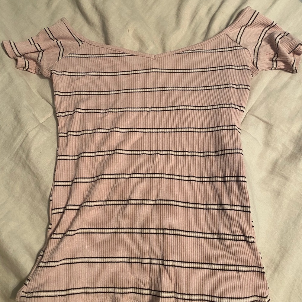 pink striped off the shoulder top